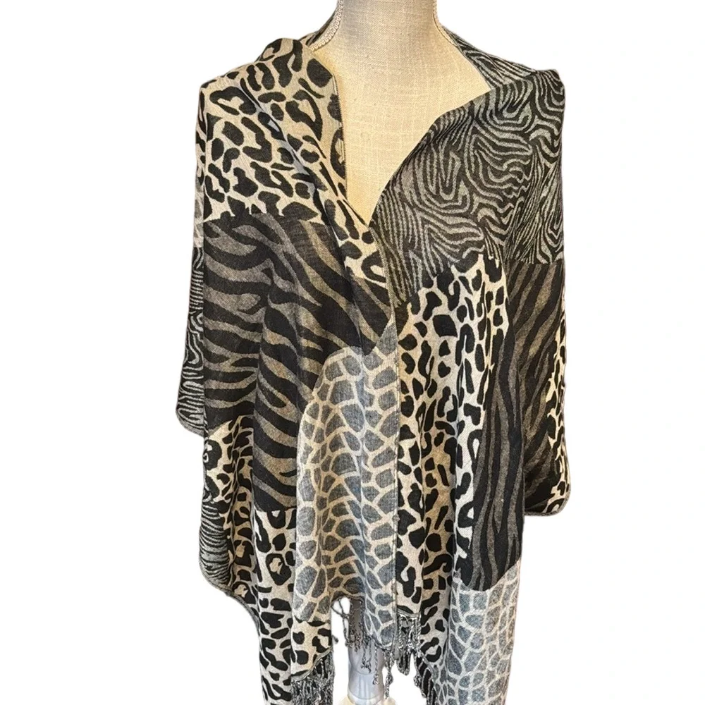 Mixed Animal Print Scarf Wrap With Fringe
